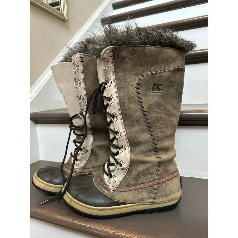 Sorel Cate The Great Tall Winter Boots Women's Size 7 Taupe leather faux fur